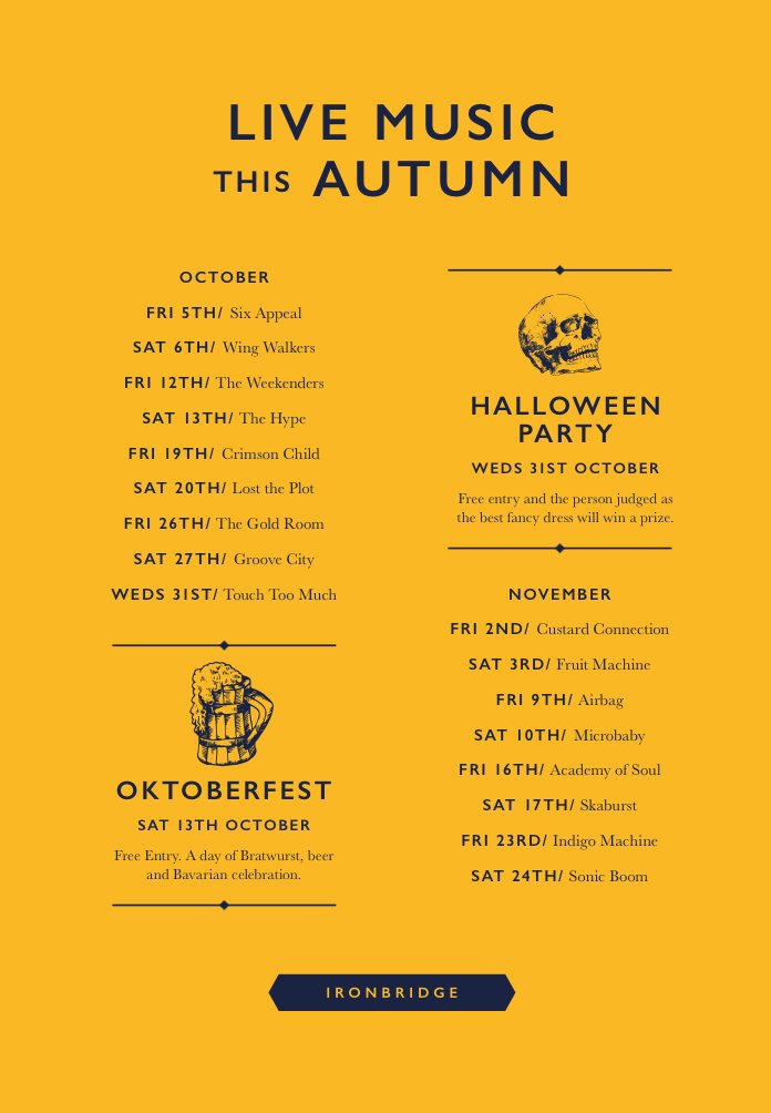 This weekend is jam packed! 😎👇🏻

We have The Weekenders with us tonight from 9pm, FREE entry as always 😁

Octoberfest tomorrow 🍻will be finished off by The Hype at 9pm in the bar 

And here is the music for the rest of the month and November! Get them in your diary! 🎉