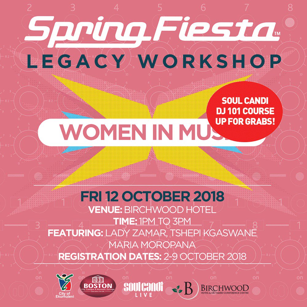 TwoKingzMedia's tweet photo. Hello Ladies. Join your mentors today @Lady_Zamar @Tshepikg and Maria Moropana for WOMEN IN MUSIC workshop at Birchwood Hotel, Ekurhuleni. #SF18WorkShop brought to you by @SoulCandi @SpringFiestaSA #springfiesta2018 https://t.co/I1MRo24qfv
