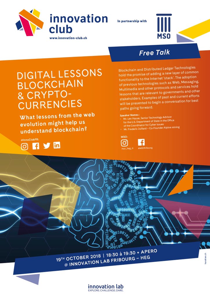 InnoClubFR's tweet photo. What lessons from the web evolution might help us understand blockchain?

To discuss this exciting topic, Len Hause, senior advisor to US government will come to Fribourg, invited by the Innovation Club along with Frederic Juillard, Co-Founder of @AlpineMining SA #blockchain https://t.co/jk4eanAnCq