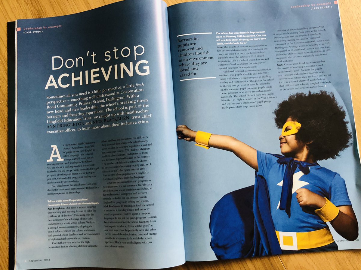 LingfieldTrust's tweet photo. Proud to feature in @EdExec Leadership by Example @CorporationRoad @curlsnickb @AnnPringleton on its amazing achievements and recent top national rankings. Well done Ann and the school team and our children! #education #dontstopachieving #Darlington πππ» https://t.co/cTsqBiJOJk https://t.co/H1ZARDA5GM