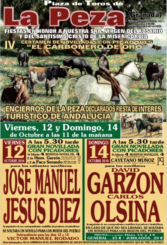 La Peza (Granada) hoy 1ª de Feria Novillos de Hnos. Garzón Mergelina y Sorando para <a href="/JoseManuelInfo/">Jose Manuel</a> y Jesús Díez @JDchorlo <a href="/portaltaurino/">Portal Taurino</a>