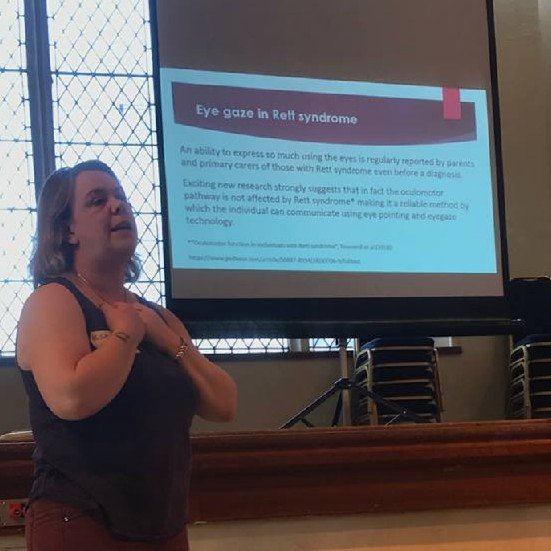 aaclondoncen's tweet photo. Fantastic to hear from two parents about their daughters, who have #RettSyndrome &amp; use #AAC - the importance of presuming competence, believing they could do it! #AACAware2018 #RettAware https://t.co/UnYkPCSKfB