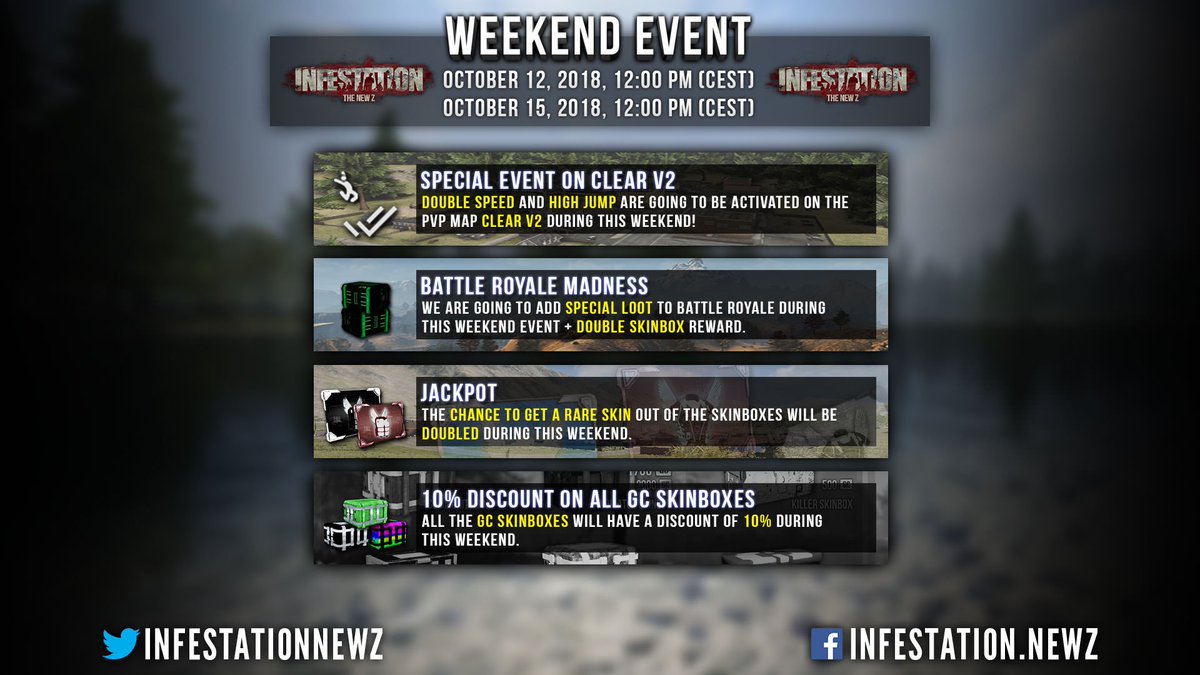 infestationnewz's tweet photo. 🎉🎉 Weekend Event! 

Battle Royale events, PVP map event and much more are waiting for you! Don't miss it out! 😍
 
🔗 For more information regarding the Weekend Event, please visit that link: https://t.co/T8VnuVubUl https://t.co/ex2F0QBKOf