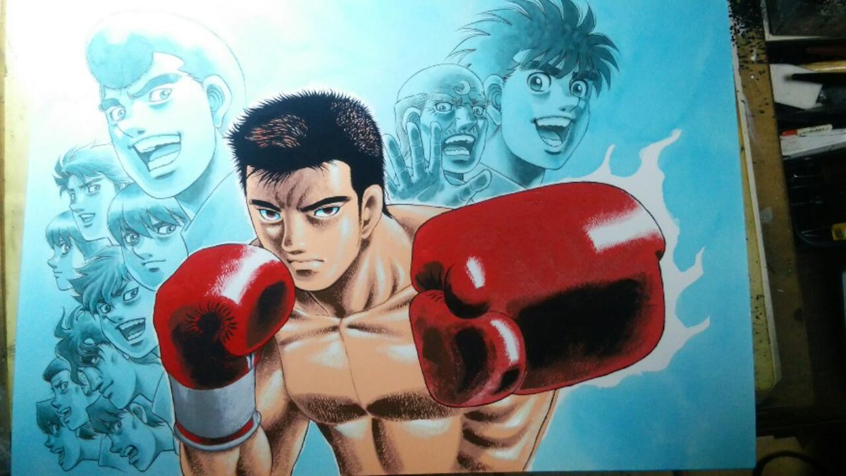[ダゾーン、村田諒太選手ポスターのできるまで④]
背景の一歩達。アクリルカラーで影や髪などを塗ります。アクリルカラーは乾いたら溶けないので、その上から水をたっぷり含ませた大きめの平筆で容赦なくドバーとカラーインクを乗せます。 