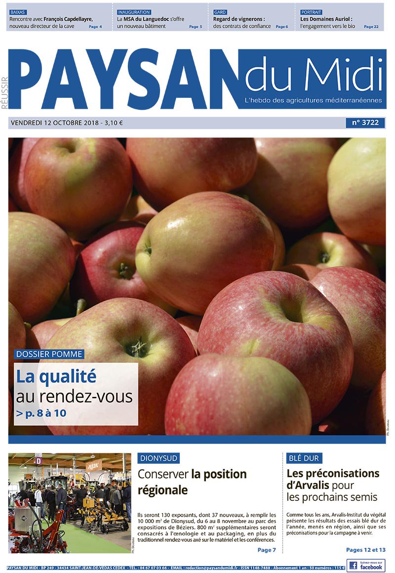 PaysanduMidi's tweet photo. Au sommaire cette semaine : la #pomme se porte bien @_Ctifl #variété #production #export - @dionysud 2018 - Préconisations #blé @Arvalisofficiel - @msa_actu - @DomainesAuriol & la #biodynamie - Château #Valcombe lance son réseau de #distribution...🍎🍇🍷 https://t.co/2nhXrJD8PE