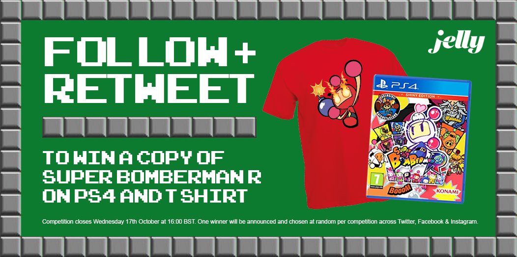 Jellymedia's tweet photo. It's #COMPETITION time! Follow &amp; RT for a chance to #WIN these #SuperBombermanR goodies! To celebrate the return of #videogameday we are running two chances to win some @KonamiUK treats! The #winner will be announced on Wednesday 17th October. https://t.co/Ux0XJrz4Ww