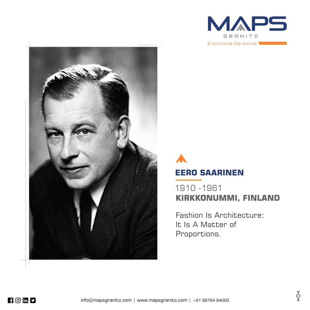 MapsGranito's tweet photo. ERRO SAARINEN
1910-1961
KIRAKKONIUMMI, FINLAND
fashion is architecture:
it is a matter of
proportions.
#mapsgranito #mapstiles #architect #architecture #design #interior #interiordesign #art #designer #archilovers #architecturelovers #arquitectura #archdaily #decor https://t.co/8wtcXCdkog