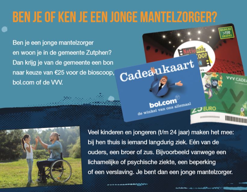 Ben je een jonge mantelzorgers en woon je in de gemeente Zutphen dan krijg je een cadeau: een bon naar keuze van €25 voor de bioscoop, bol.com of de VVV!  En er is ook een leuke activiteit: discozwemmen op 26/10! Lees hier meer:  bit.ly/2yvydig