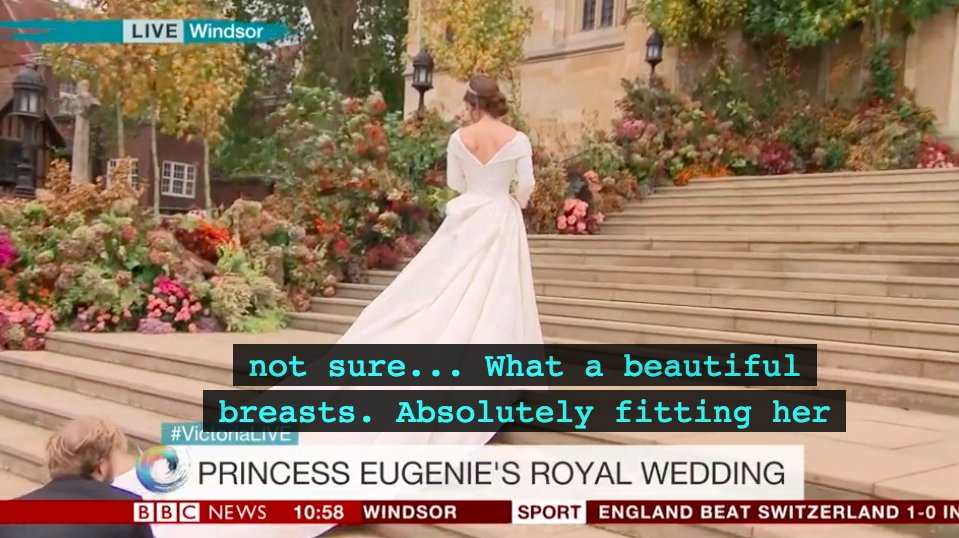 scottygb's tweet photo. The BBC's subtitles during a #RoyalWedding news report made QUITE the error.
As Eugiene left the car a presenter said "what a beautiful dress."
Unfortunately the subtitles said "What a beautiful breasts."
(h/t @Ollie_Bayliss) https://t.co/mZx53KUaaP