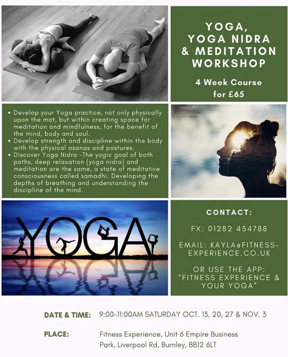 Yoga #Nidra and #Mediation course starts this Saturday 13 October 9-11am at @youryogaexperience .  Suitable for all yogis or beginners. 
4 week course £65 with the option of ‘drop in’ on any of the classes  for £20 a class. #yoga #yogaburnley <a href="/TheFXcentre/">Fitness Experience</a>