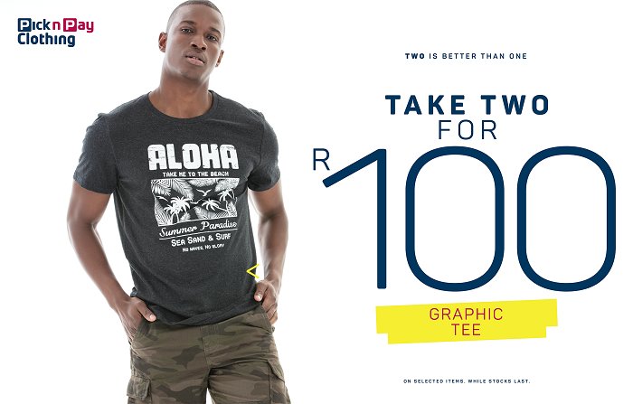 stbsquare's tweet photo. Two is better than one! Pick 'n Pay Clothing at #StellenboschSquare will be running these great specials next week starting Monday, 15 October and ending on Sunday 21 October 2018. Don't miss out on massive savings! #stbsquare #picknpay #stellenbosch #sale https://t.co/hgpuBBYIi2
