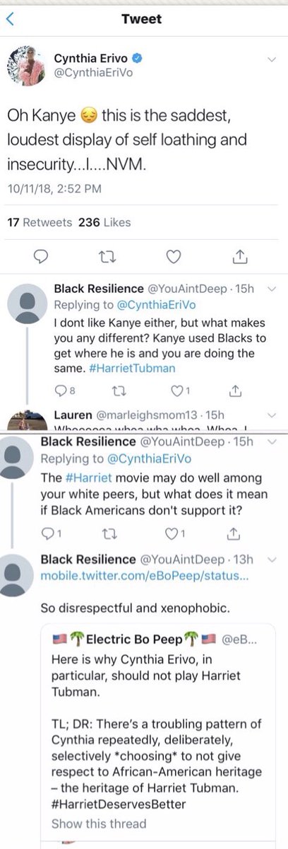It appears that Cynthia has blocked me merely because my thread was linked in a tweet last night responding to her.Let me be very clear: my efforts to bring her behavior to light are not about hate, but rather stem from concern & reverence for sacred ancestor Harriet Tubman