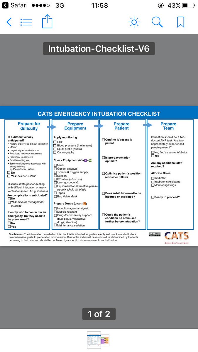 nicholson_katy's tweet photo. Needing to intubate a critically unwell child? Feel a bit out of your depth?  An intubation checklist can help focus on key issues before you start.  This one from @catsretrieval is helpful (I have a DOI). #APAL18 #paedsanaesthesia https://t.co/Z90VJ1uYmJ https://t.co/uM1JsbrZiB