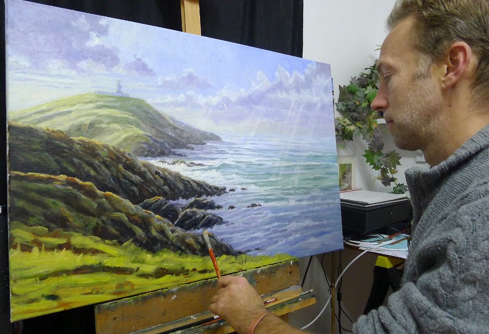 On the easel today: 36x24 inch, oil - Working on this large painting of one of my favourite parts of Pembrokeshire, Strumblehead and it's lighthouse. #wales #welshart