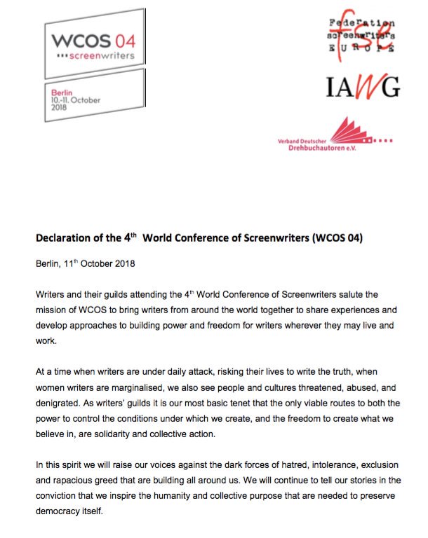 FSEscreenwriter's tweet photo. "We will continue to tell our stories in the conviction that we inspire the humanity and collective purpose that are needed to preserve democracy itself". Final resolution of WCOS 04 Berlin #wcos04 @IAWGs @vdd_drehbuch #wcos04 #freedomofspeech #freedomofexpression https://t.co/h9S3JbOLlm