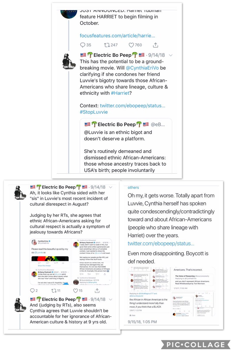 I have not been hateful towards Cynthia, haven't harassed & have barely engaged her directly since mid-September. Haven't been on her timeline since Sep 15.And when I have engaged her directly, the tenor has remained diplomatic or candid, not hateful https://mobile.twitter.com/search?q=From%3Aebopeep%20%40CynthiaErivo&src=typed_query&f=live