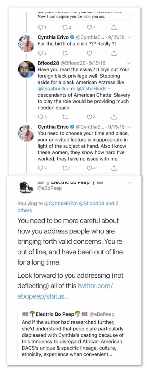 I have not been hateful towards Cynthia, haven't harassed & have barely engaged her directly since mid-September. Haven't been on her timeline since Sep 15.And when I have engaged her directly, the tenor has remained diplomatic or candid, not hateful https://mobile.twitter.com/search?q=From%3Aebopeep%20%40CynthiaErivo&src=typed_query&f=live