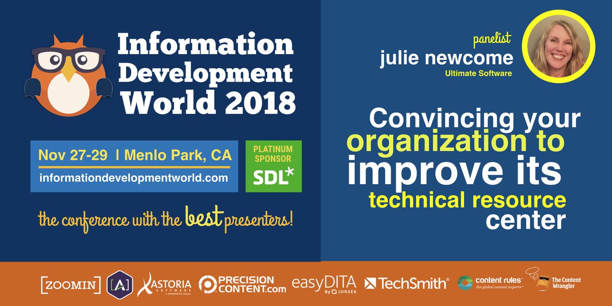 Julie Newcome of @UltimateSoftware will discuss how to convince your management to fund improvements to technical product content at Information Development World, November 27-29 in Silicon Valley. Learn more: ed.gr/16n9 #techcomm