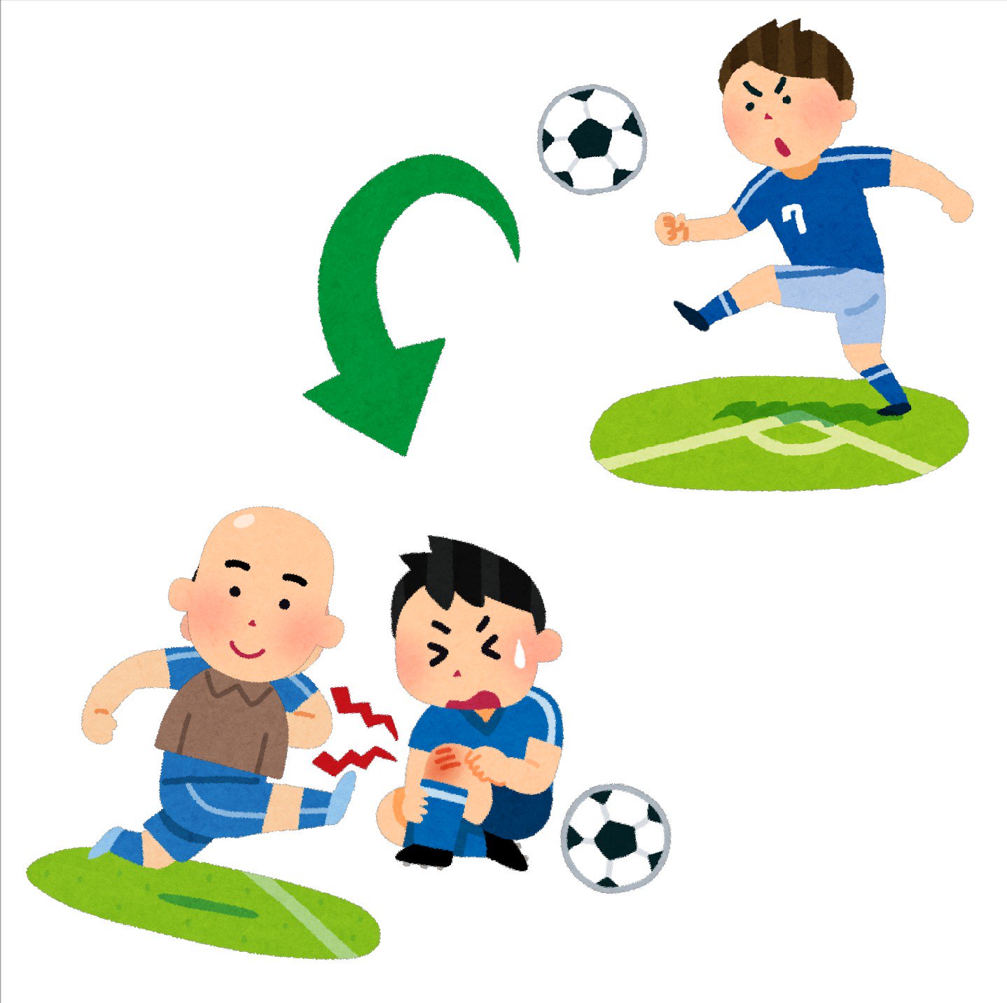 まいチクをいらすとやで再現 Dayukoume 再現難易度 使ったイラスト 5枚 コーナーキックのイラスト サッカー 矢印のイラスト 急カーブ フットサルのイラスト 男性 スキンヘッドの男性のイラスト スポーツで怪我をした人のイラスト まいにち