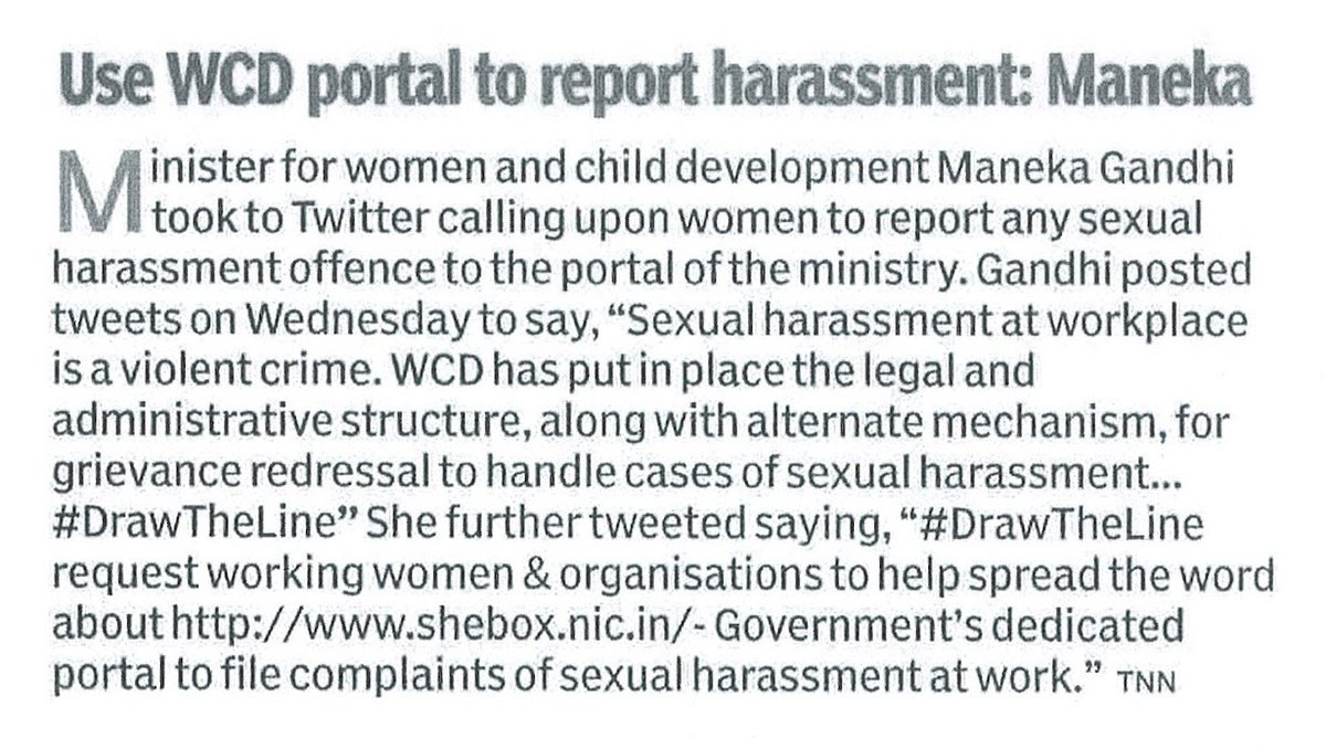 MinistryWCD's tweet image. Use WCD Portal to report Harassment : Smt. @Manekagandhibjp

#SheBox #HelpMeWCD #DrawTheLine @timesofindia
@MinistryWCD @NCWIndia