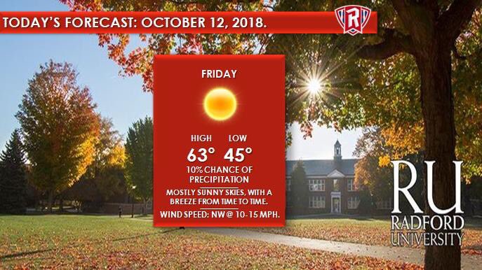 RUWeather1's tweet photo. Here is your #RadfordWeather Forecast for Friday, October 12, 2018.
After a rainy Thursday, we can finally dry out and enjoy the weekend, with temperatures feeling like fall.
#HighlanderForecast
@RadioFreeRaddy https://t.co/ngMJpYMmP6