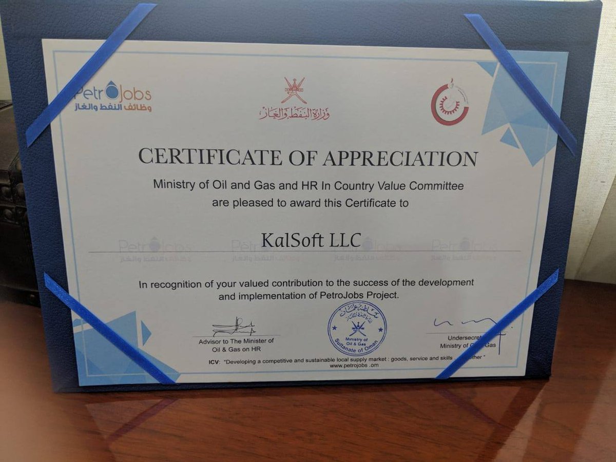 KALSOFT1's tweet photo. Recruitment services in Oil &amp; Gas sector got a lot easier for the people of Oman with the launch of MOG’s joint recruitment portal “PetroJobs” &amp; #KalSoft was the technical team behind this success. 
Read more: https://t.co/j9iNbrjL8R

#KalSoftOmanTeam #CertificateOfAppreciation https://t.co/DIGINLslhe