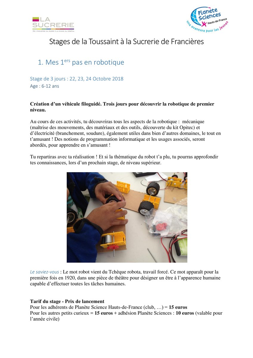 SucreriePSHDF's tweet photo. Découvrez nos stages de la Toussaint #sciences #Vacances #Toussaint #PSHDF #sucrerie #Robot https://t.co/GiLtUt9fc6