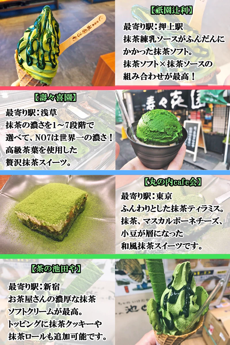 全部美味しそう！！東京に来たらぜひどうぞww【東京の抹茶スイーツまとめ】