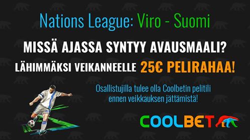 COOLBET-SKABA!

Veikkaa Viro-Suomi-ottelun avausmaalin syntyaika ja voita 25 € pelirahaa!

Ehdot: RT + Seuraa.

PS. Viro-Suomi on myös Coolbetin #PäivänPeli: coolbet.com/fi/vedonlyonti #Huuhkajat #UNLfi
