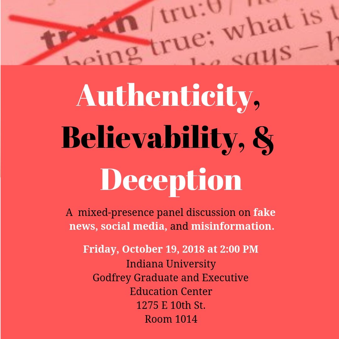 IUCenterforCMC's tweet photo. Don't miss our panel discussion about #fakenewsmedia, #socialmedia, and #misinformation. We are so grateful to have @maxdemata, Filippo Menczer, Alan Dennis, and Asta Zelenkauskaite on the panel! https://t.co/Fm1IEuZSFh