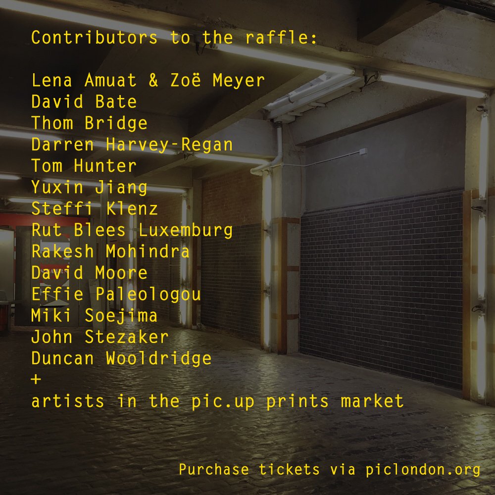 pic.up prints is coming! Join us for two days of prints, objects, fun and an unmissable raffle. Artists in the market include @stellabarak @DBlackmoreTweet <a href="/zakrdimitrov/">Zak R. Dimitrov</a> <a href="/MinnaKantonen/">Minna Kantonen</a> <a href="/studiolovelace/">Tom Lovelace</a> <a href="/SophyRickett/">Sophy Rickett</a> <a href="/DafnaTalmor/">Dafna Talmor</a> <a href="/LondonAltPhoto/">London Alt Photo</a> full list at piclondon.org/pic-up-prints