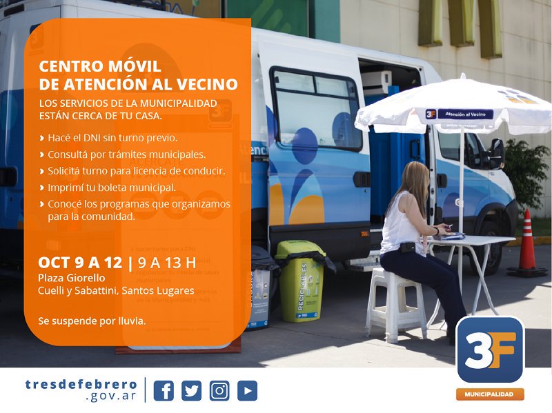 Municipalidad3F's tweet photo. CAV MÓVIL EN SANTOS LUGARES
🕖 #Ahora y hasta las 13 h
📌 #PlazaGiorello - #Sabattini y #Cuelli
⚫️ Hacé el DNI sin turno previo
🔵 Consultá por trámites y programas municipales
⚪️ Solicitá turno para la licencia de conducir
🔴 Imprimí tu boleta municipal https://t.co/ZdbS3Yor2W