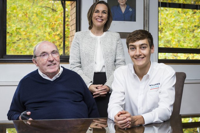 George Russell meets Sir Frank Williams with Claire Williams.