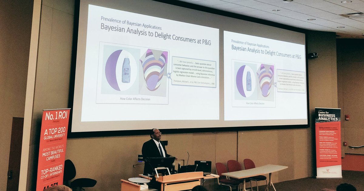 UCBusAnalytics's tweet photo. Our first speaker, Michael Thompson, from P&amp;G speaks about Bayesian Sense-Making. #ucdatascience https://t.co/HwFmb06Gtk