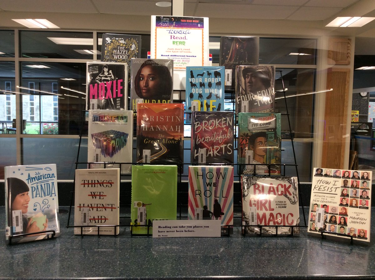 owls_library's tweet photo. We're just wrapping up Teen Read Week and I thought that I would share our library display.  I have had to replenish it a few times with new titles, but this is how it looks this morning. https://t.co/6Cj2TwAmtN