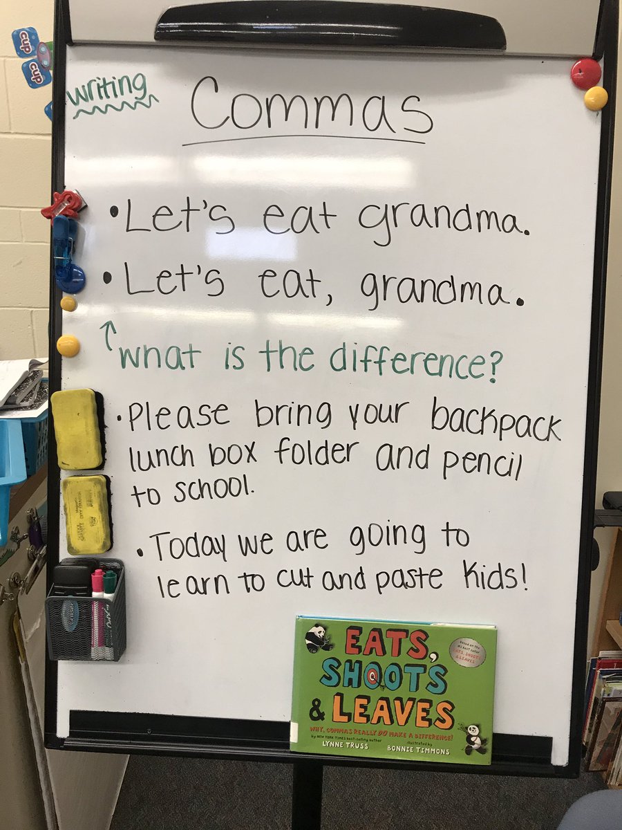 _MsKelly_'s tweet image. Taught a writing mini lesson about the importance of commas by using the book “Eats, shoots and leaves”. Using humorous examples can help engage students! 📝 #ELD #5thgrade #writinglesson