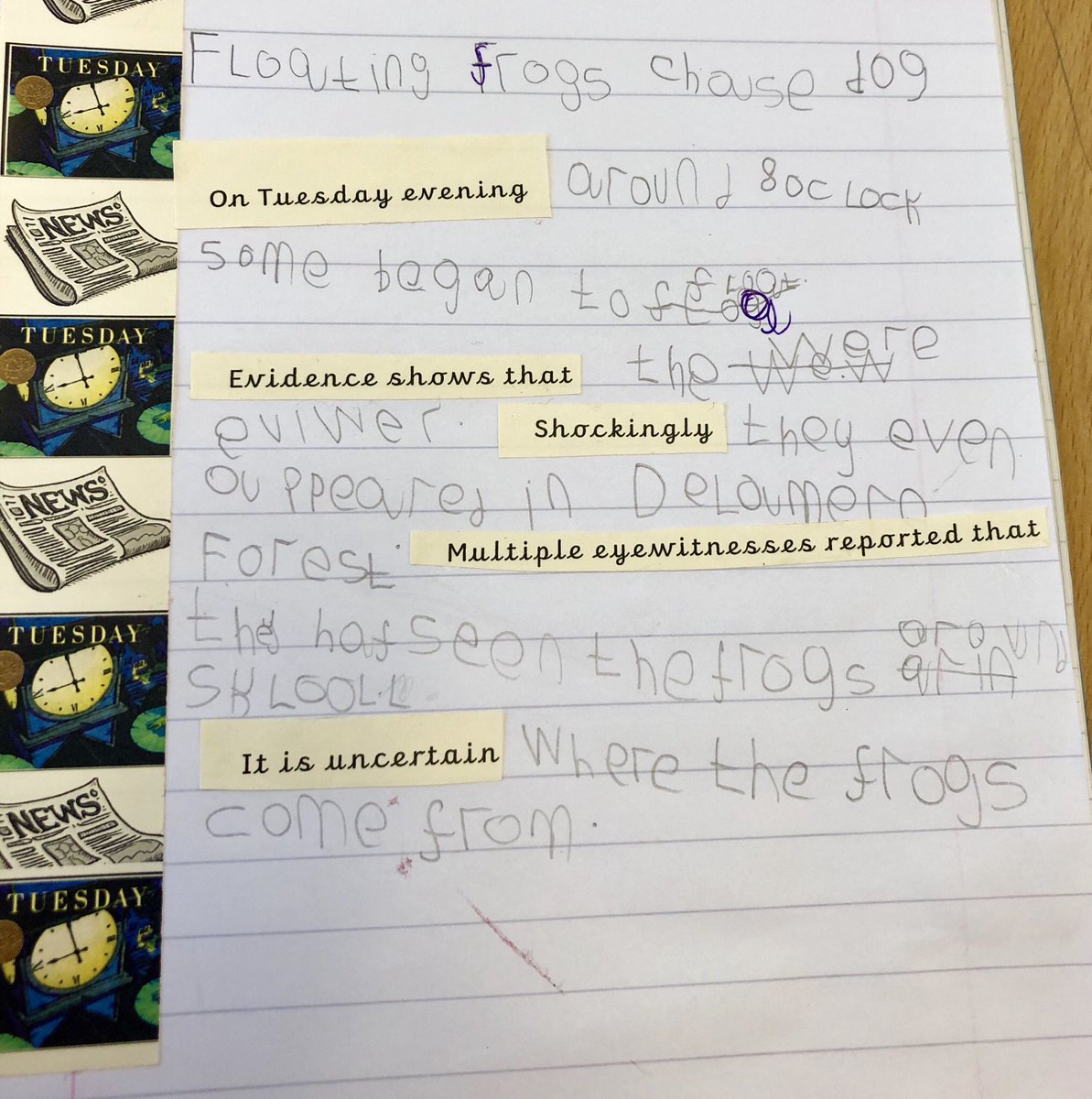 📝 Some fantastic pieces of writing today. We wrote a newspaper report about the mysterious happenings in school linked with some cheeky frogs.🐸📰 #Tuesday #DavidWiesner