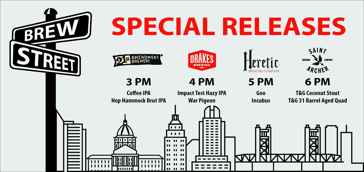 💫 SPECIAL RELEASE TIMES ANNOUNCED 💫
🕒 3PM: <a href="/21stAmendment/">21st Amendment</a> // Coffee IPA &amp; Hop Hammock Brut IPA
🕓 4PM: <a href="/DrakesBeer/">Drake's Brewing Co.</a> // Impact Test Hazy IPA &amp; War Pigeon
🕔 5PM: <a href="/HereticBrew/">Heretic Brewery & Distillery</a> // Goo &amp; Incubus
🕕 6PM: @saintarcherbrew // T&amp;G Coconut Stout &amp; T&amp;G 31 Barrel Aged Quad