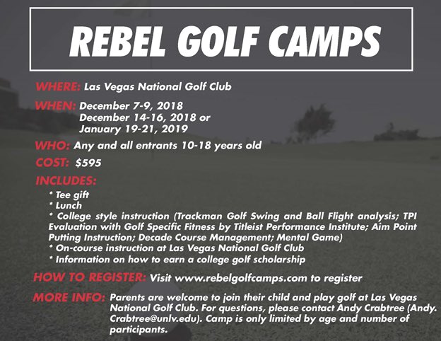 Join UNLV men’s and women’s golf coaching staff and players for Rebel Golf Camps! 
rebelgolfcamps.com