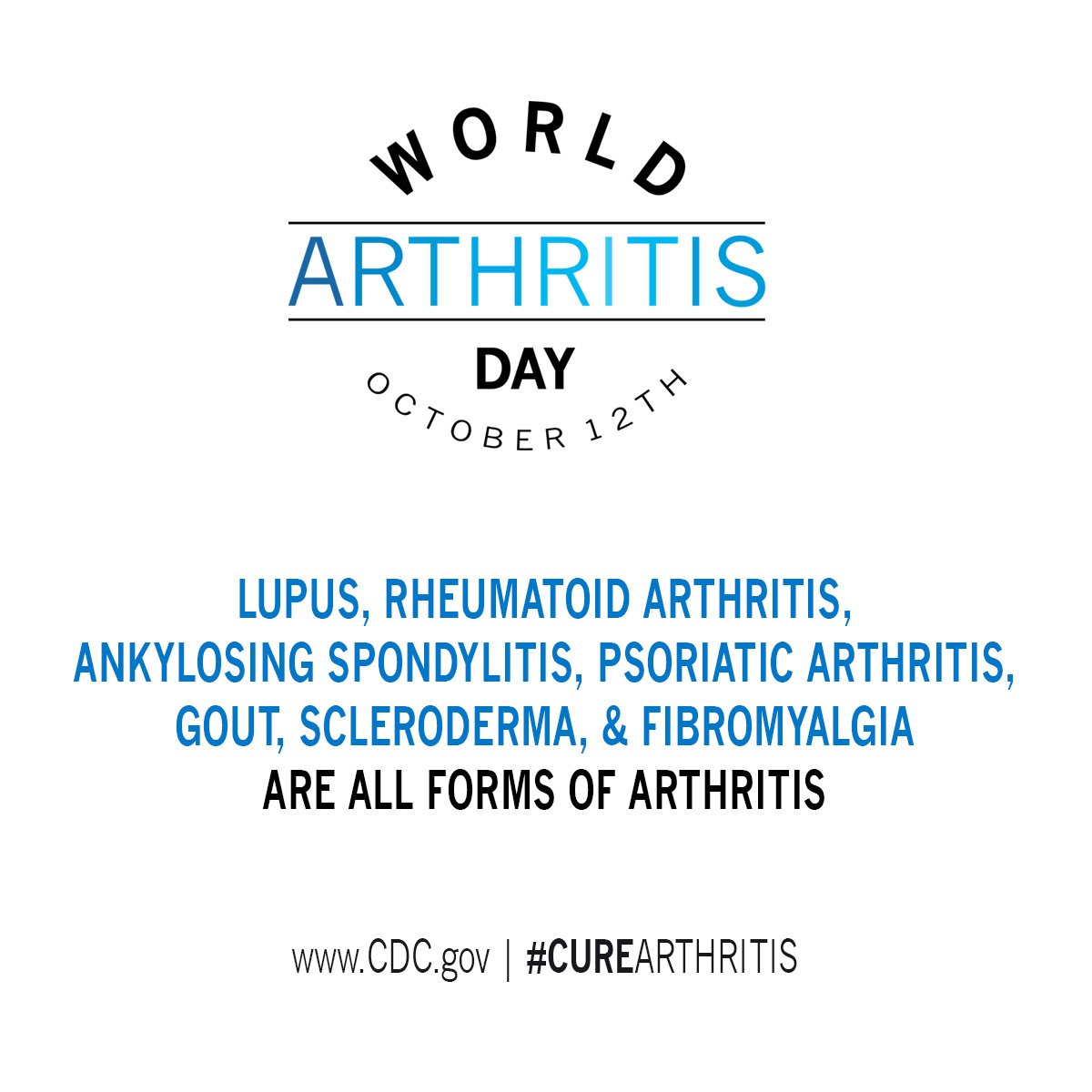 #CureArthritisWAD: Over 100 different forms of #arthritis exist. Unfortunately, there is no cure for any of these 100+ diseases.