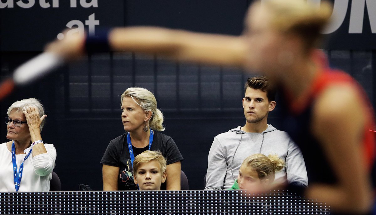 WTALinz's tweet photo. There he is! „Special guest“ @ThiemDomi is in the stands for the quarterfinals @KikiMladenovic vs #andreapetkovic! It is awesome to have you here in Linz, Domi! 👏 (📸: GEPA) #highconcentration #kikisfannumber1 #wtalinz #upperaustrialadieslinz #uppermoments https://t.co/yAZQyOd3oV
