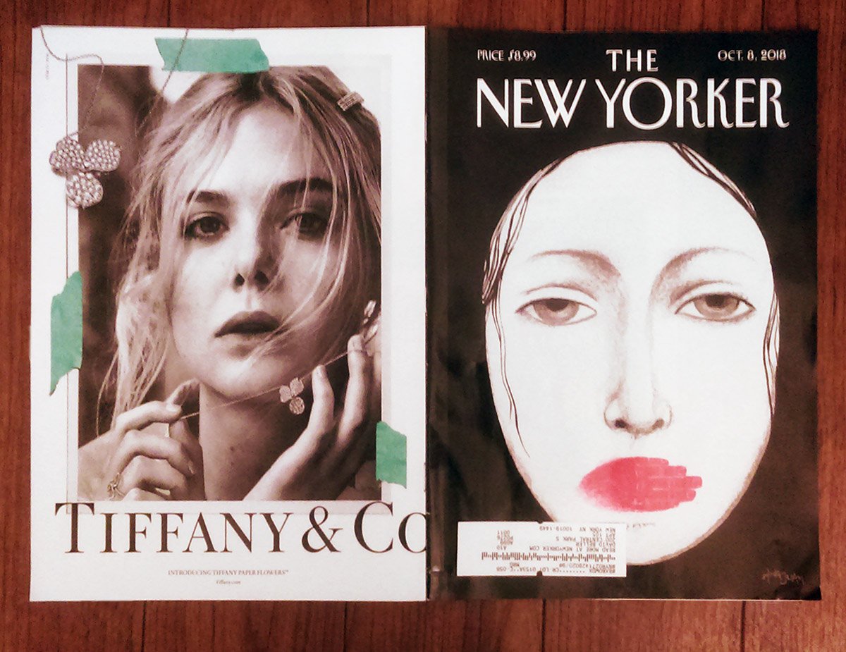 ROBIN_BLACKWOOD's tweet photo. #MeToo The  pouty woman on the back cover of this week's New Yorker is not helping  the gagged woman on the front. As Trump Tower's next door neighbor,  could Tiffany have not used a different image just this once? https://t.co/J1rBb5kl2U