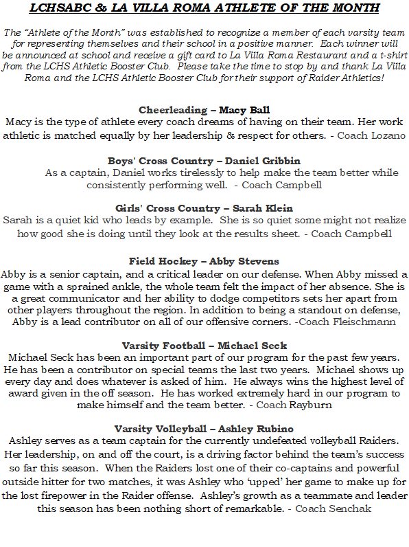 Congratulations to the LCHSABC/La Villa Roma Athletes of the Month! You are great role models for all the Raiders.  <a href="/LCHSRaiderRiot/">LCHS RAIDER RIOT⚔️</a> <a href="/LCHS1954/">LCHS news</a> <a href="/LaVillaRoma/">La Villa Roma</a>