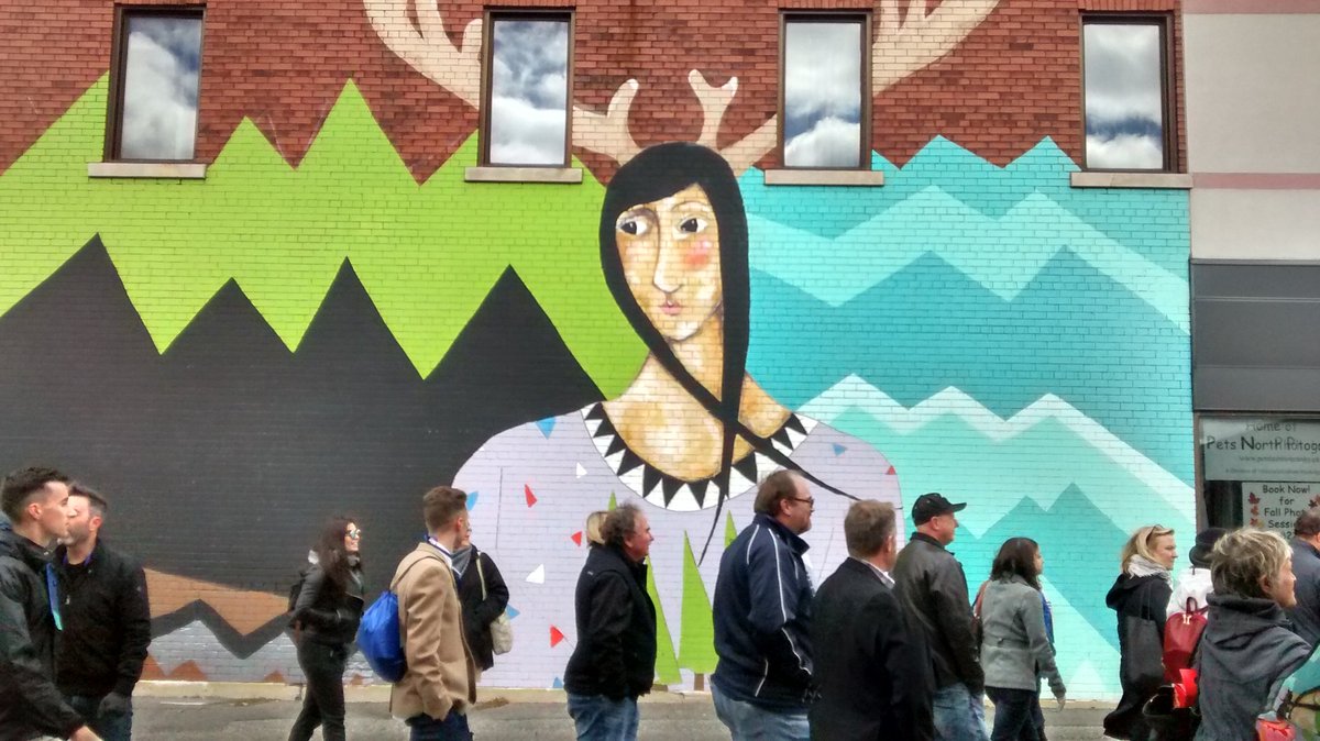 ns_ahmed's tweet photo. Fantastic walking tour of downtown Sudbury led by @JasonFerrigan. Of course I took pictures of all the murals. #OPPI18 https://t.co/MGbsMoeSIu