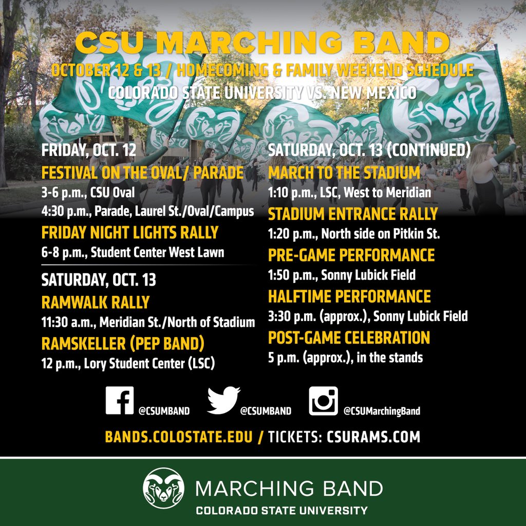CSUMBand's tweet photo. Happy Homecoming! Here is our schedule for #CSUHomecoming and Family Weekend. 🐑🥁💚🏠 #csumband #gorams https://t.co/azdyhv6BAl