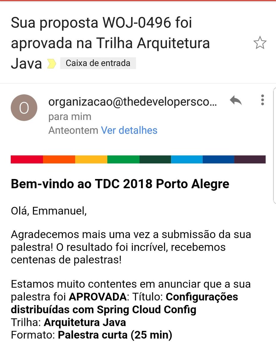 emmanuelnerii's tweet image. Palestra aprovada no TDC Porto Alegre!!! #arquiteturaJava #springCloud #springCloudConfig