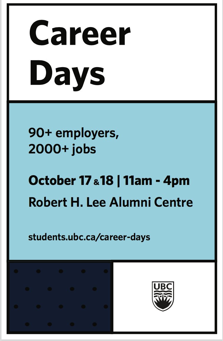 Career Days, the largest job fair at UBC, welcomes 99 employers looking to fill over 2,000 positions.  Visit Careersonline website for more information about all the employers attending, along with what areas they will be recruiting for. 
ow.ly/VtPO30mdabq