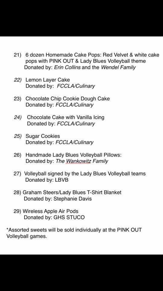 WOW!! Check out the list of silent auction items for the Pink Out games! Get to the gym this afternoon to watch our Lady Blues and bid on some great items!