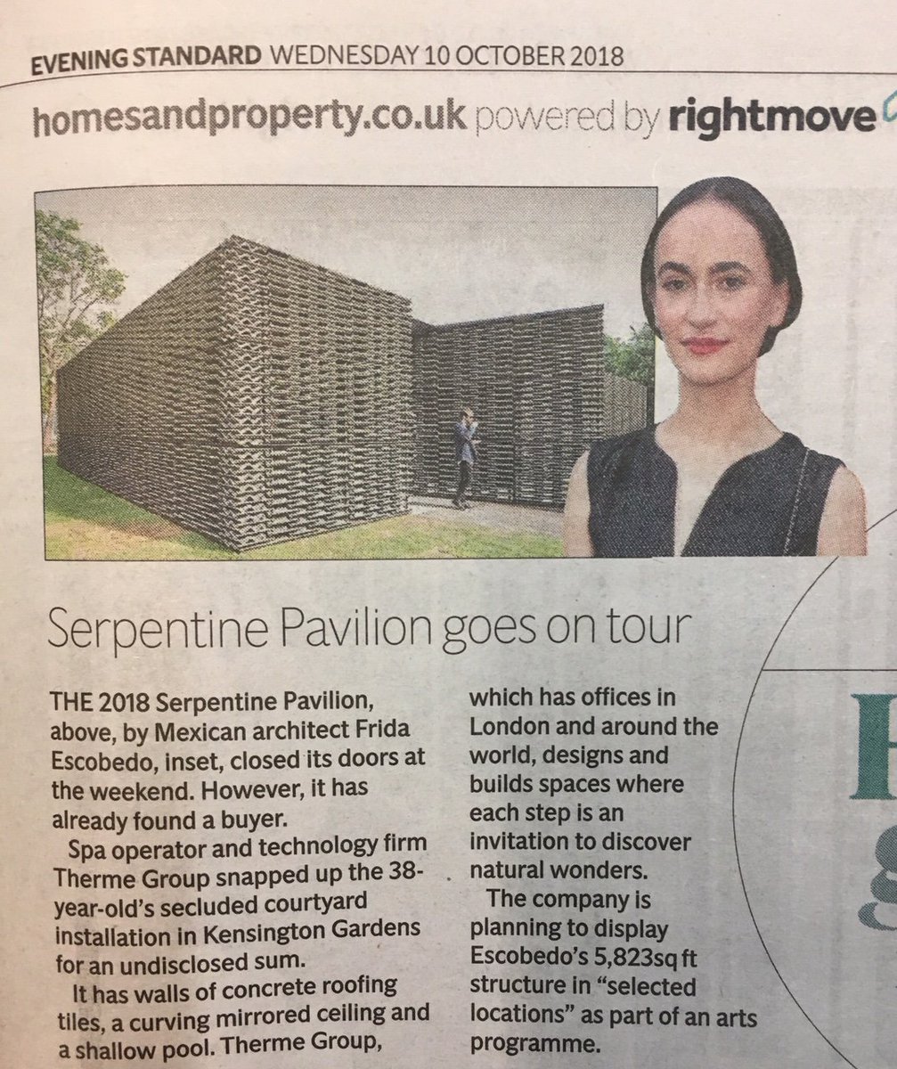 .<a href="/SerpentineUK/">Serpentine</a> ‘s Pavillion by Mexican architect <a href="/fridaescobedo/">Frida Escobedo</a> goes on tour. <a href="/ThermeGroup/">Therme Group</a> is planning to display it in selected locations via <a href="/standardnews/">Standard News</a>