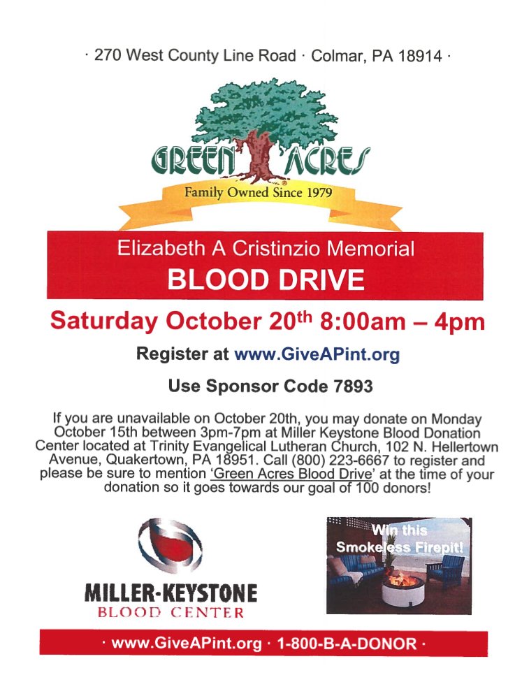 Free lunch! Donate blood Saturday during this drive sponsored by the family business, Green Acres. They are hosting this event for the 5th year in memory of their daughter, Elizabeth.  Complimentary lunch &amp; gift bag will be served to all donors to show the family's appreciation!